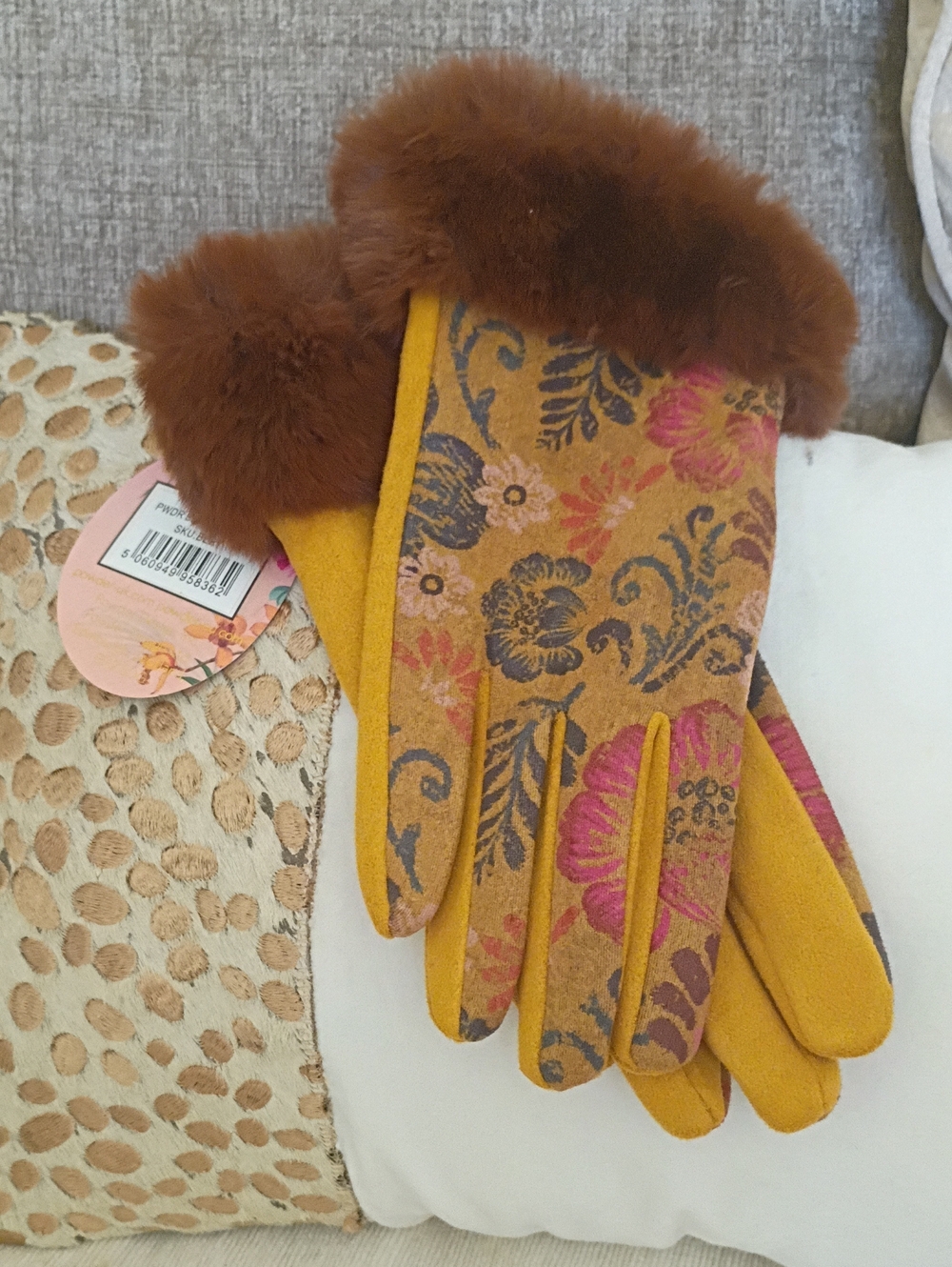Women’s Floral Mustard Yellow Faux-Fur Cuff Gloves by